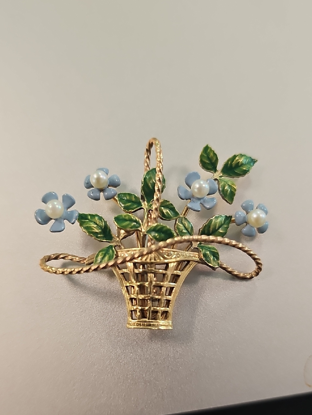 1950s Gold Basket Blue Enamel Flower Brooch with Green Leaves Cultured Pearls